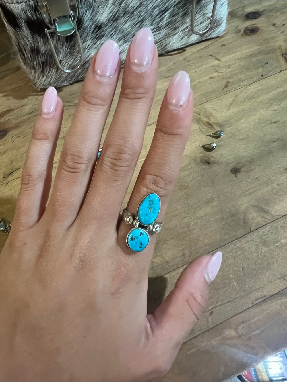 Sterling Silver Turquoise Double Stone Ring - Blue